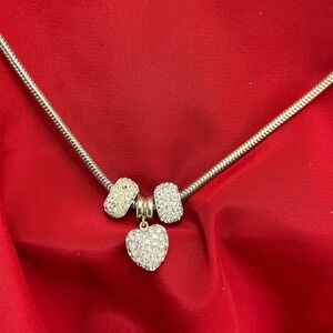 MGJ Silver 925 Italy Charm Barrel Necklace Rhinestone Hearts & Beads 18 inch